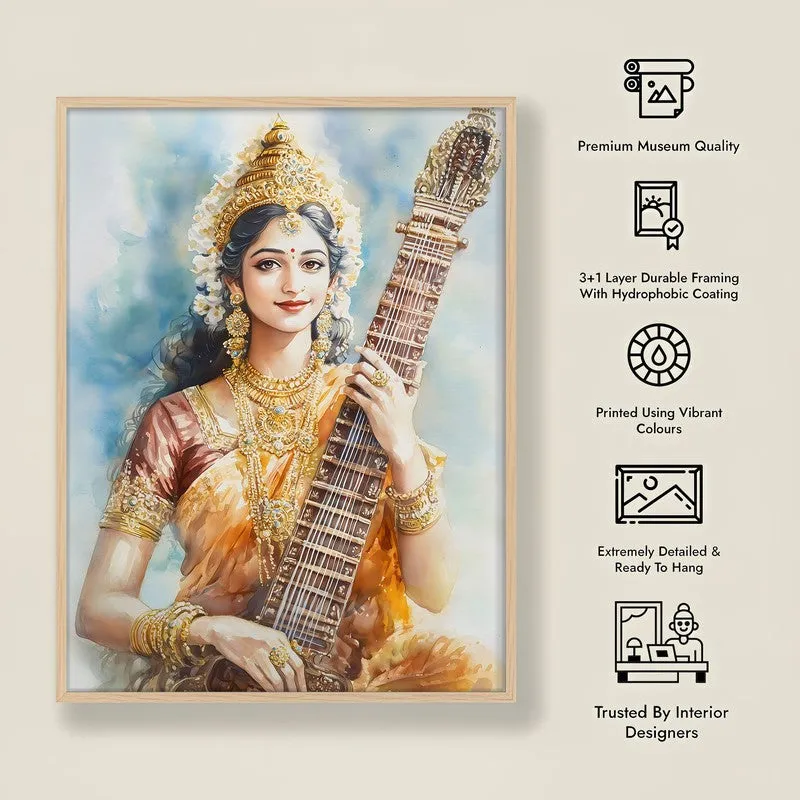 Veena Of Knowledge Spiritual Archival Paper Wall Painting - Natural Brown Frame media 8
