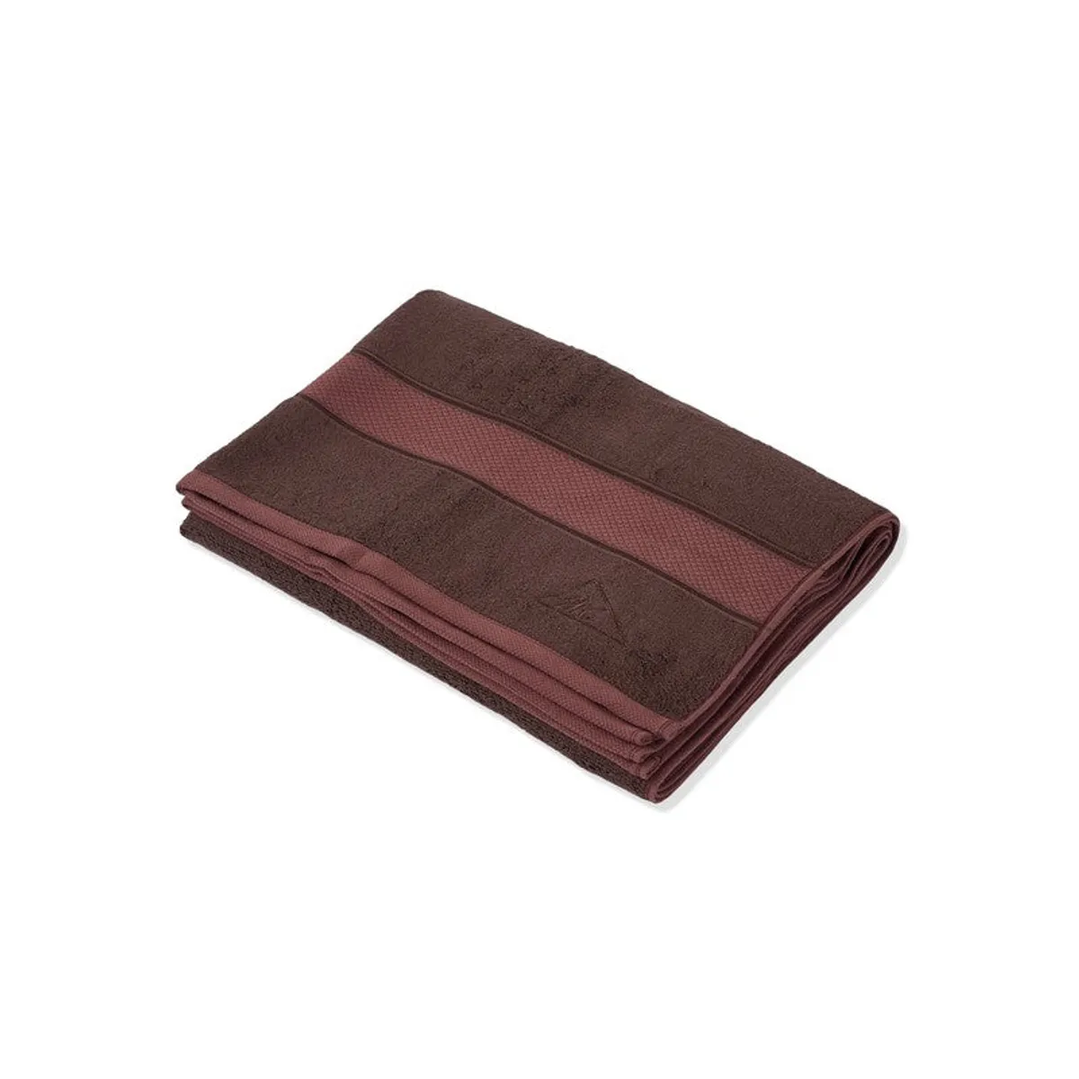 Folded coffee brown bath towel shown against a white background.