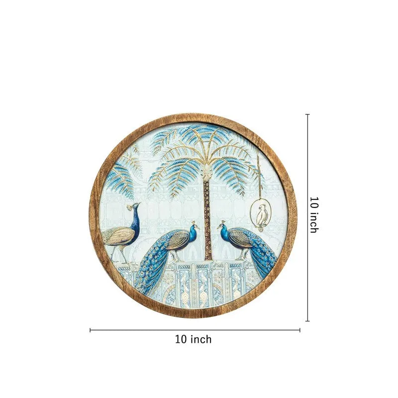 Top view of the platter showing its round shape and blue peacock design