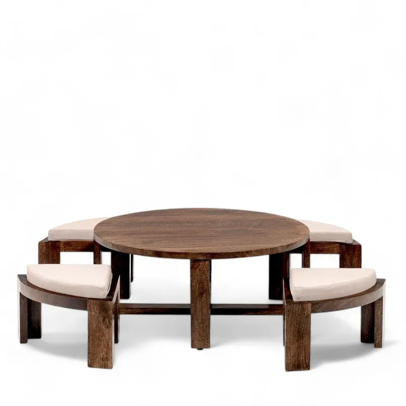 Kervon Sheesham Wooden Center Table with Stools and Cushions (Brown) - Nine Piece Set media 3