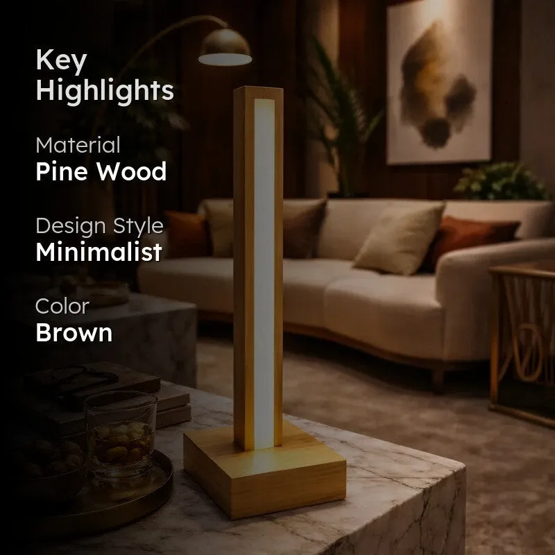Modern Vertical Pine Wood LED Table Lamp - Brown media 2