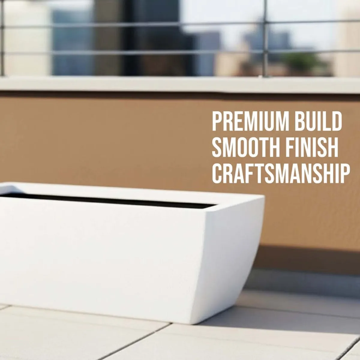 Close-up of the white planter's smooth rectangular shape outdoors.