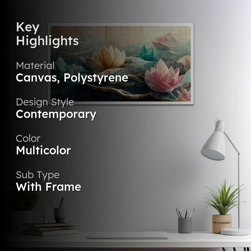 Lotus Gardenia Floral Wall Painting With Frame media 2