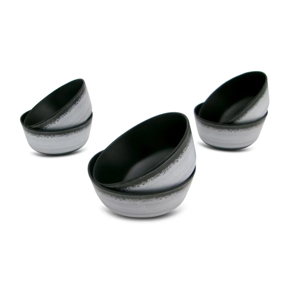 Six black and grey snack bowls displayed in pairs