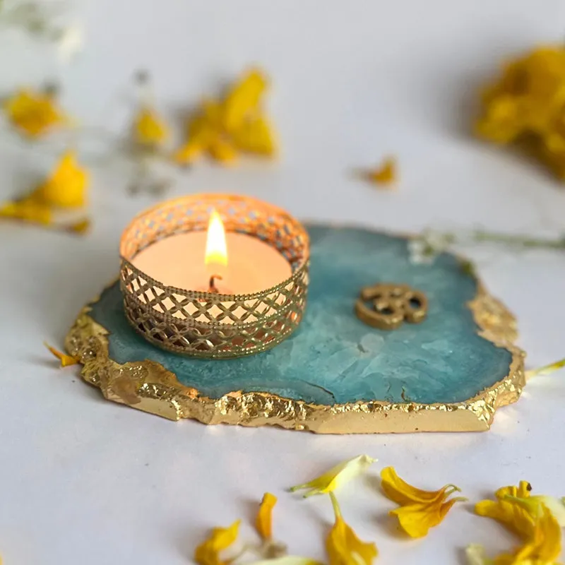 Om Handcrafted Agate Tealight Candle Holder - Turquoise media 4