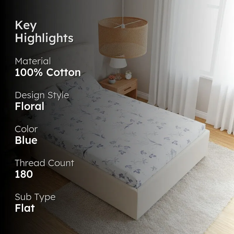 Sunpetal Floral Cotton Bedsheet (Blue) - 180 TC media 2