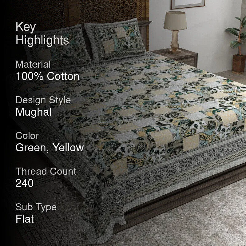 Weaveen Cotton Bedsheet (Green,Yellow) - 240 TC media 2