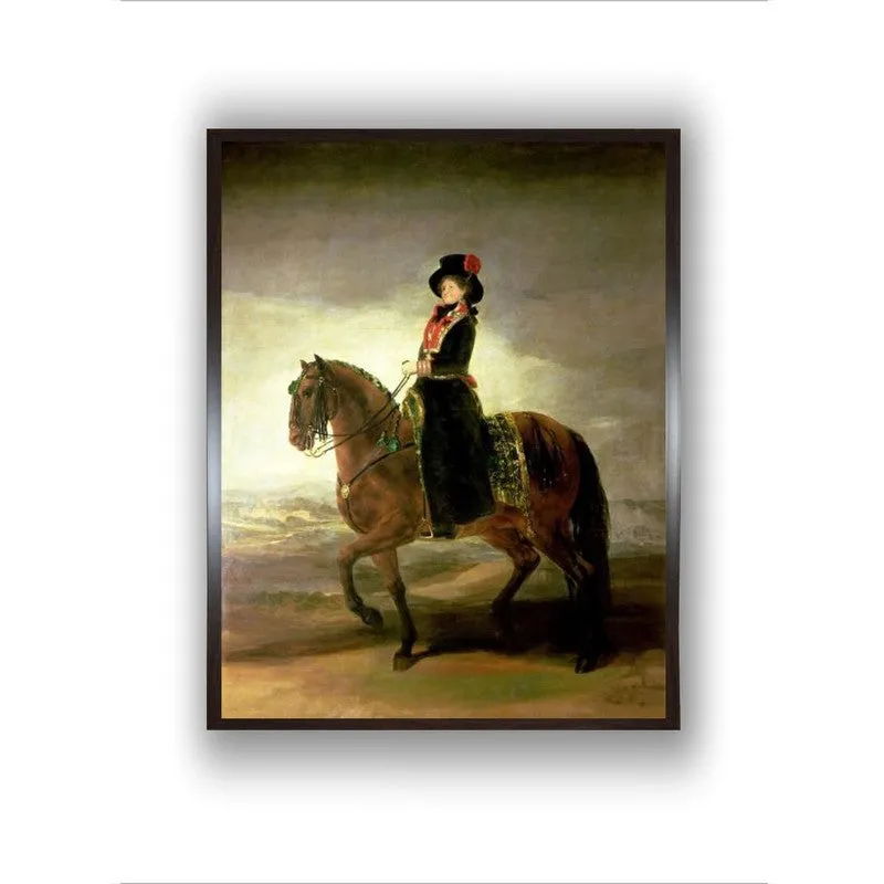 Front view of a framed equestrian portrait canvas wall painting on a white background