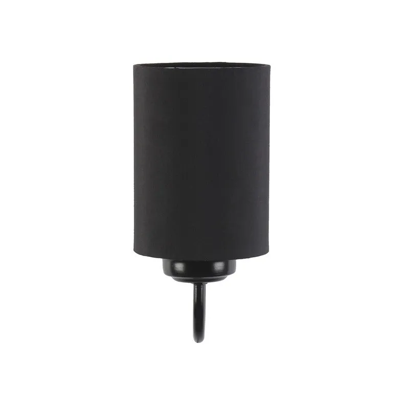 Studio view of black cylindrical wall lamp with cotton shade on white background