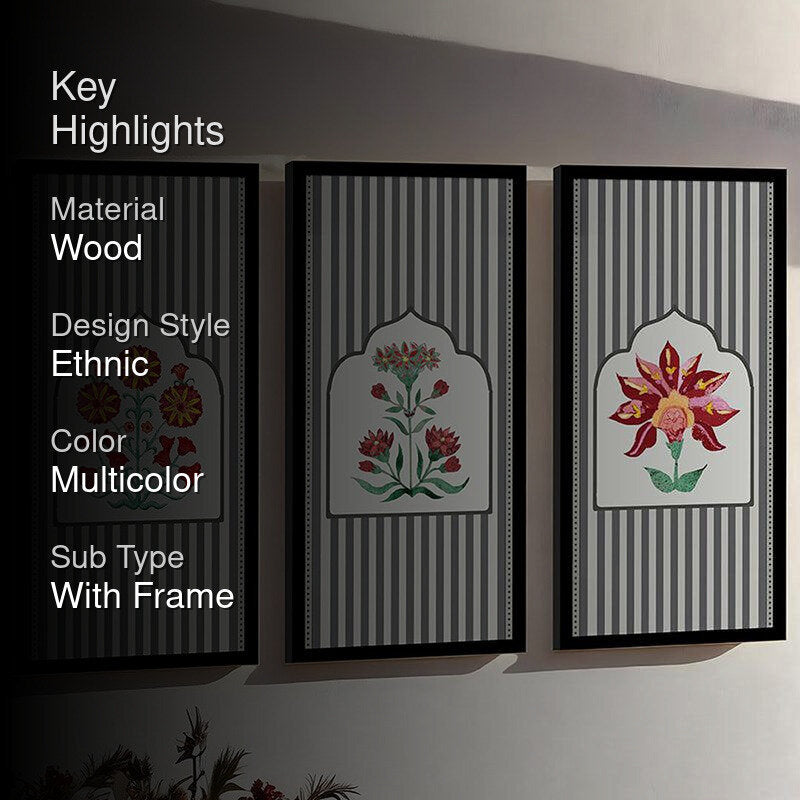 Gul-E-Rana Mughal Wall Art With Frame (Grey) - Set Of Three media 2