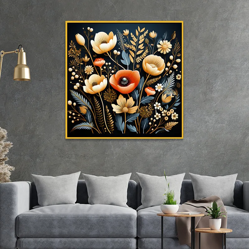 Luminous Blooms Canvas Wall Painting With Frame - Gold media 1