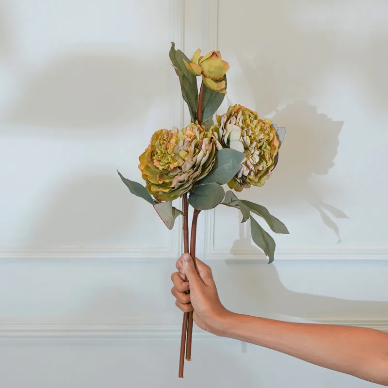 Faux Green Autumn Peony Flower Stick (22 CM) - Set Of Two media 1