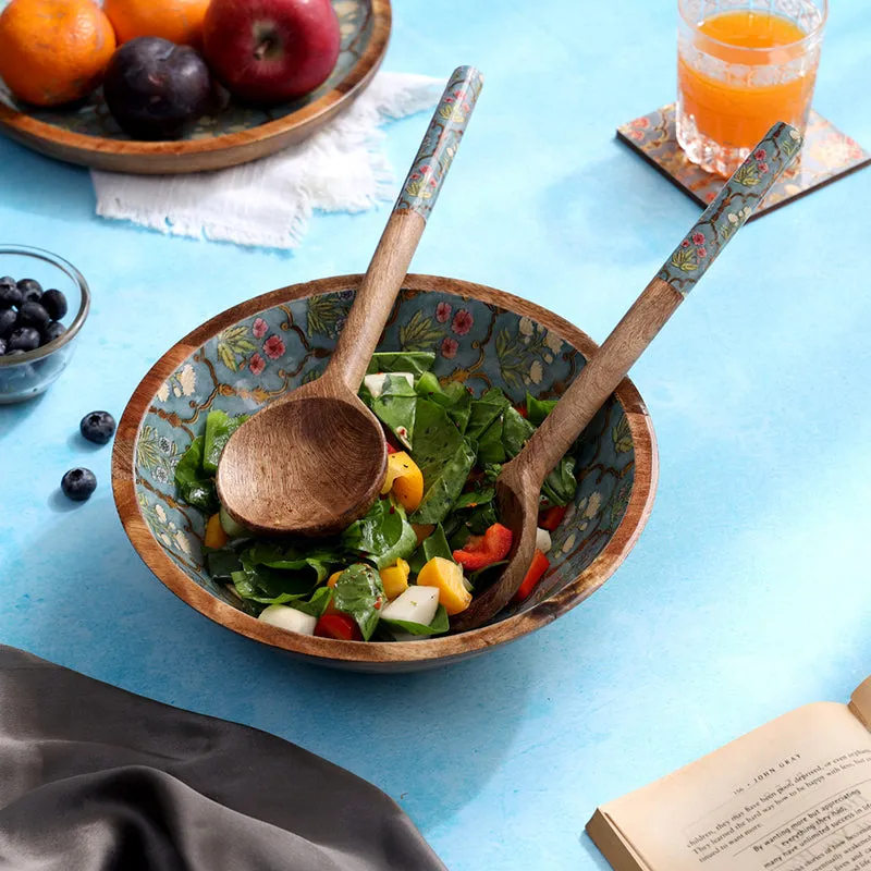 Fleur Jharokha Enamel Coated Mango Wood Salad Bowl With Cutlery (900 mL) - Three Piece Set media 1