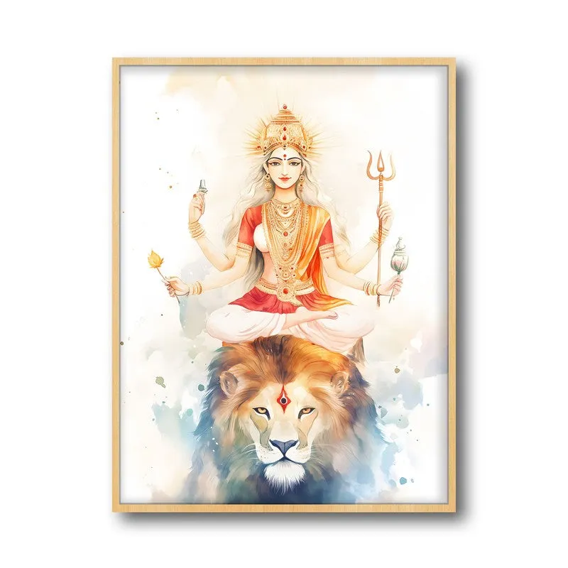 Mahishasura Mardhini Spiritual Archival Paper Wall Painting - Natural Brown Frame media 5