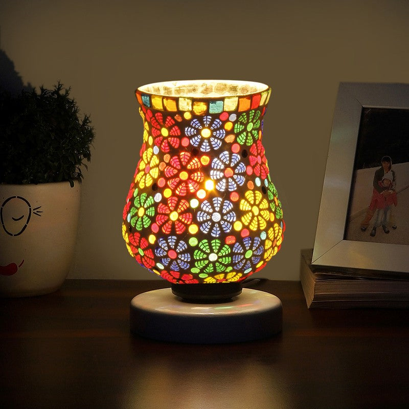 Moonelle Mosaic Glass Table Lamp With Wooden Base - Multicolor