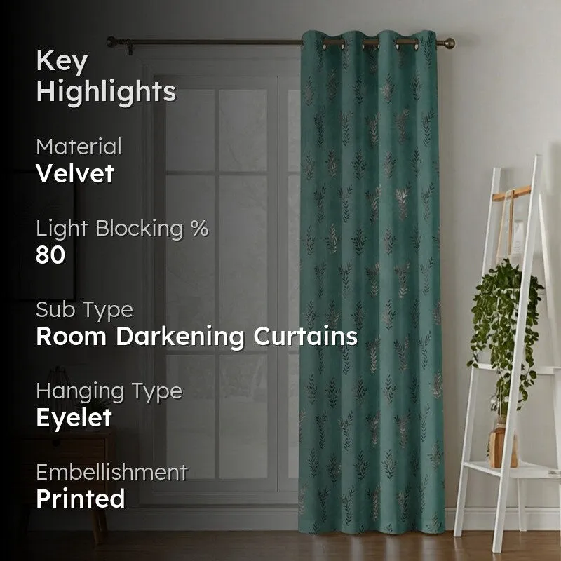 Gilded Touch Printed Velvet Curtain - Sea Green,Gold media 2