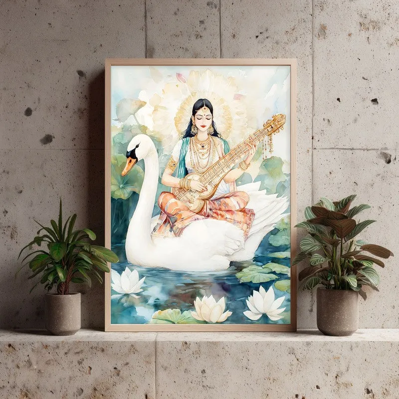 Vijnana Saraswati Spiritual Archival Paper Wall Painting - Natural Brown Frame media 3