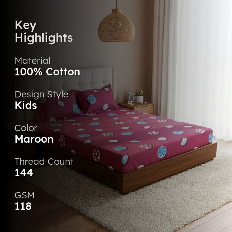 Baseball Dreams Kids Neon Print Cotton Bedsheet (Maroon) - 144 TC media 2