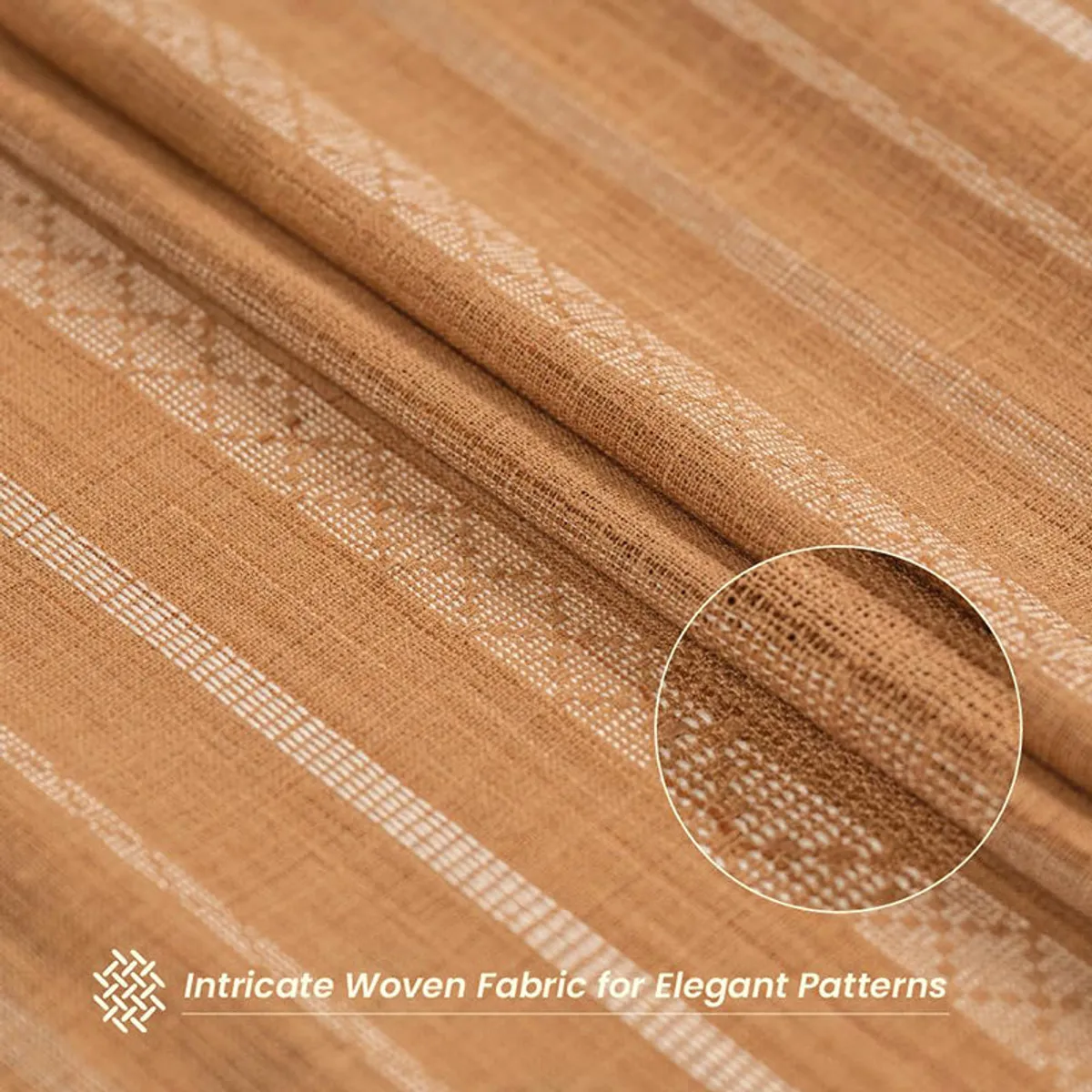 Close-up of textured muddy pink curtain fabric with light vertical stripes