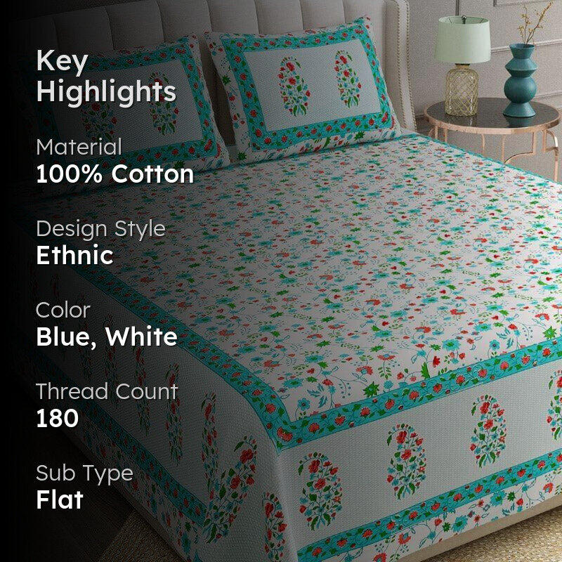 Avinya Floral Cotton Bedsheet (Blue) - 180 TC media 2