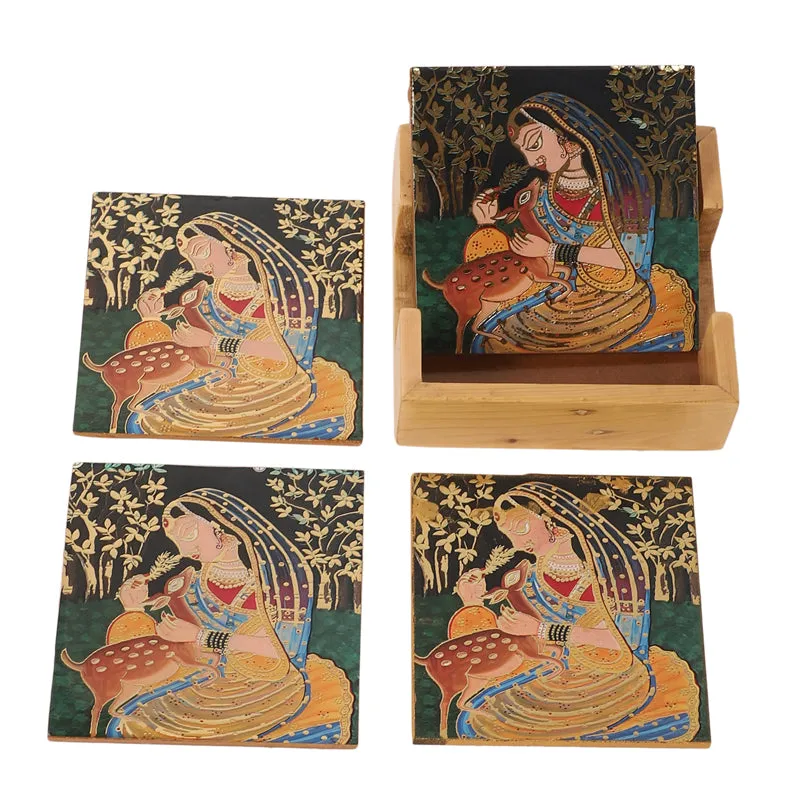 Kalamkari Wooden Costaer with Stand - Five Piece Set media 3
