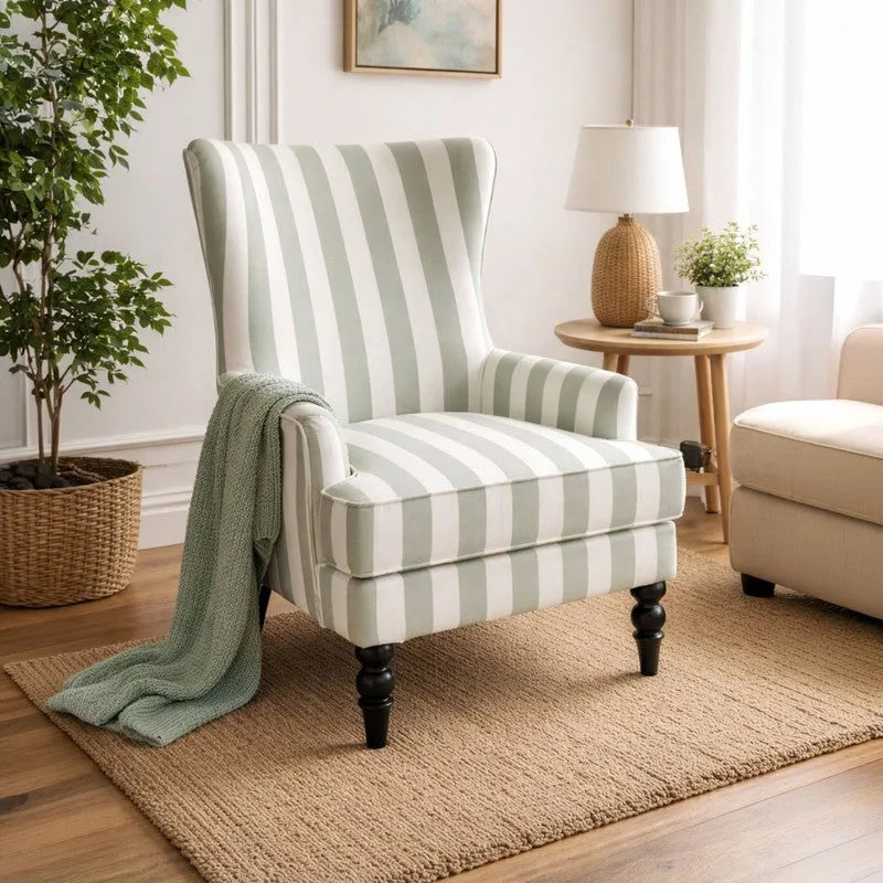 Sage Ivory Teak Wood & Velvet Striped Upholstered Lounge Chair media 1