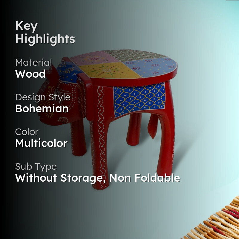 Crimson Tusker Ethnic Hand-Painted Wooden Stool media 2