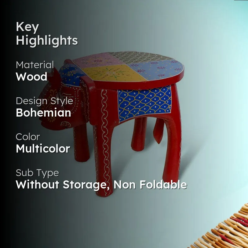 Crimson Tusker Ethnic Hand-Painted Wooden Stool media 2
