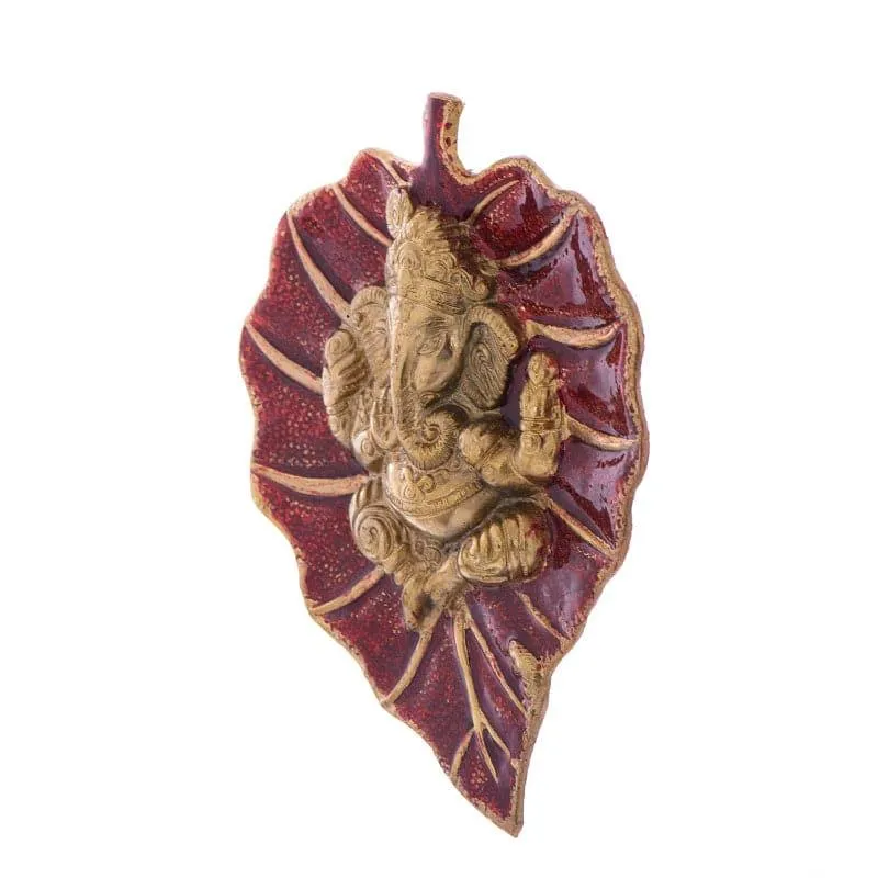 Lord Ganesha On Red Leaf Idol Metal Wall Accent media 3
