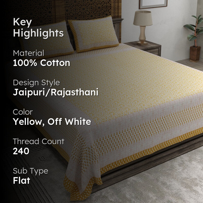 Blossomon Cotton Bedsheet (Yellow,Off White) - 240 TC media 2