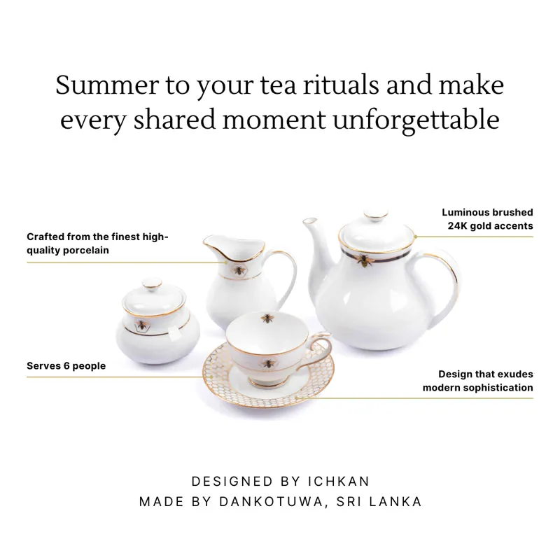Gilded Bee 24k Gold Brushed Porcelain Tea Set With Tea Pot - Seventeen Piece Set media 11