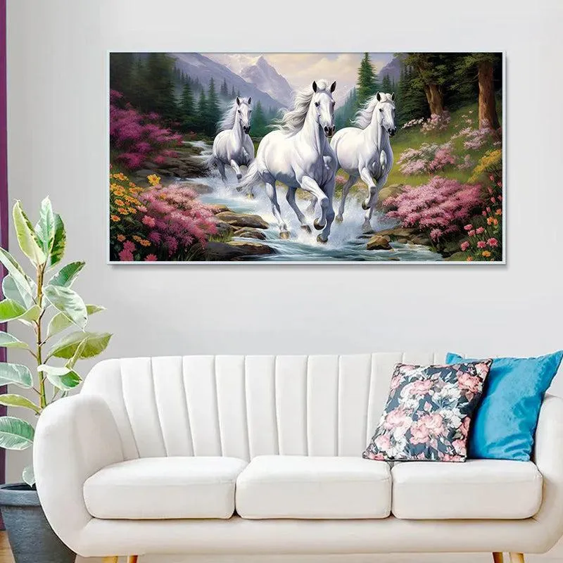 Stallions In A Glade Canvas Wall Painting With Frame - White media 1