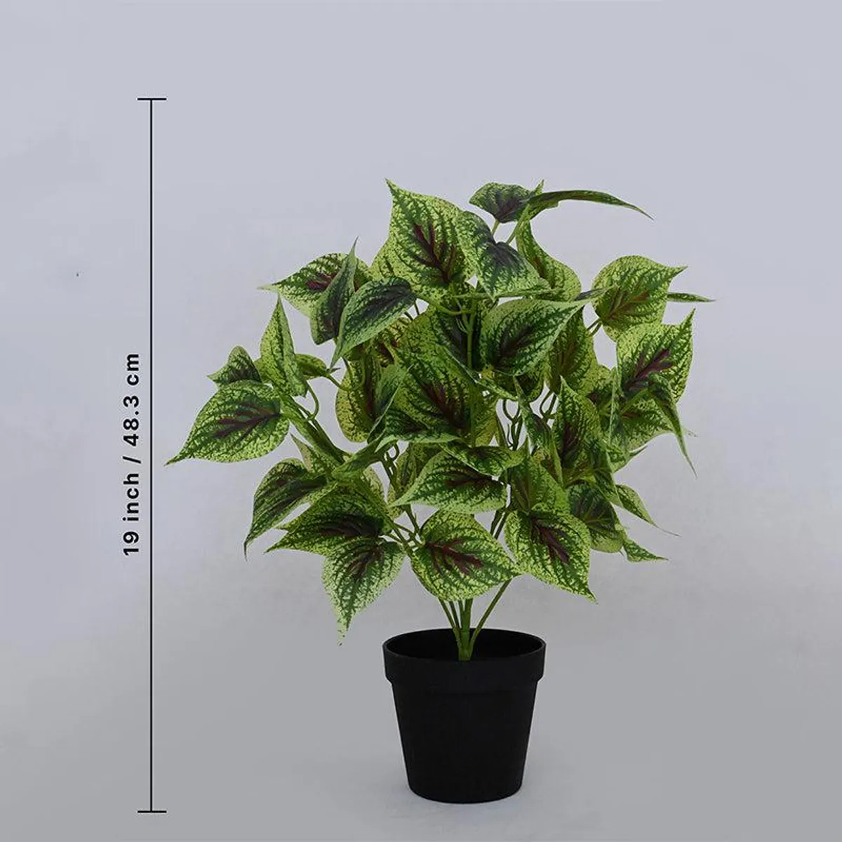 48 cm green faux coleus plant shown with a black pot and height guide