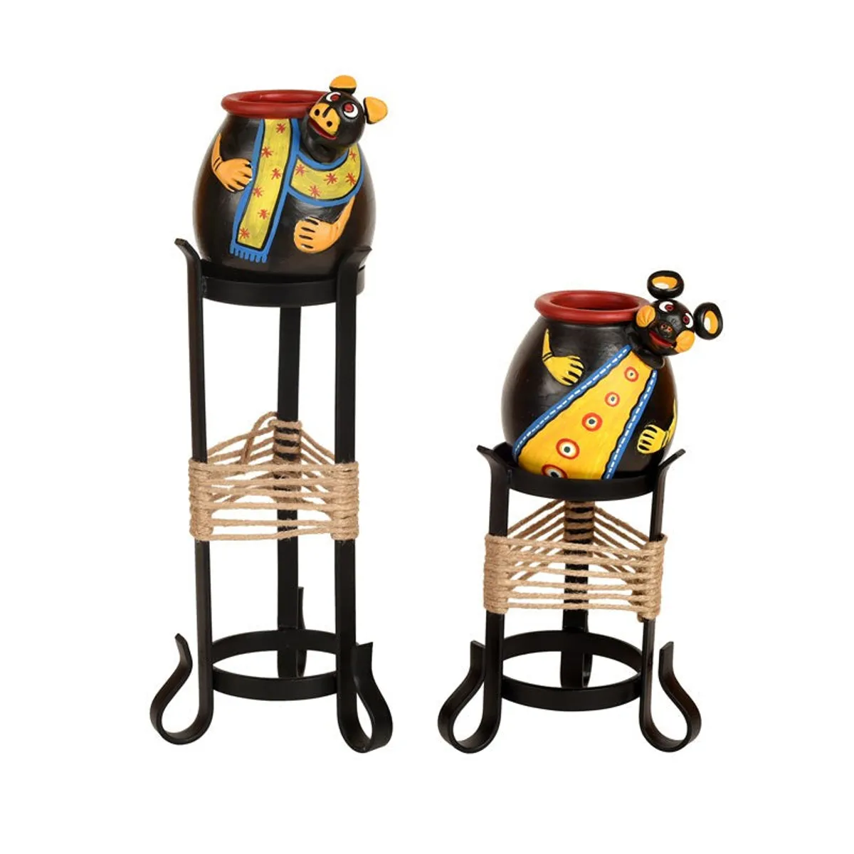 Two decorative asymmetrical vases with painted animal figures and rope-wrapped stands
