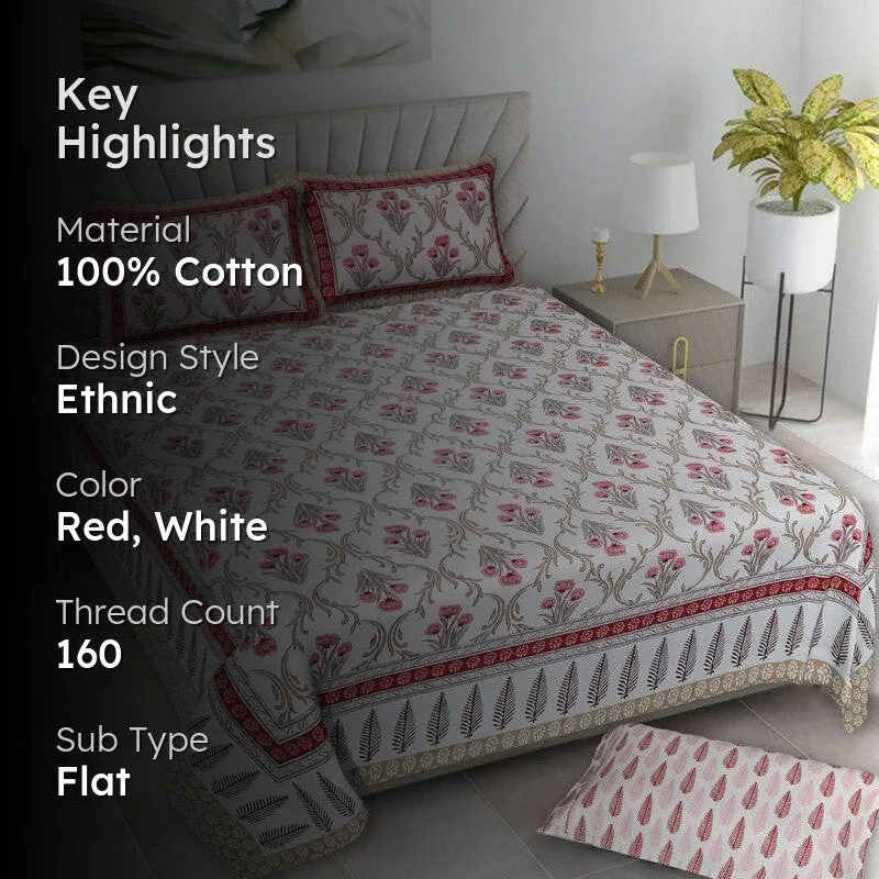 Bedsheet highlight image showing cotton material, ethnic style and red-white colourway