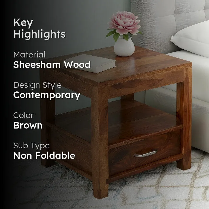 Vverix Sheesham Wooden Side & Bedside Table - Light Brown media 2