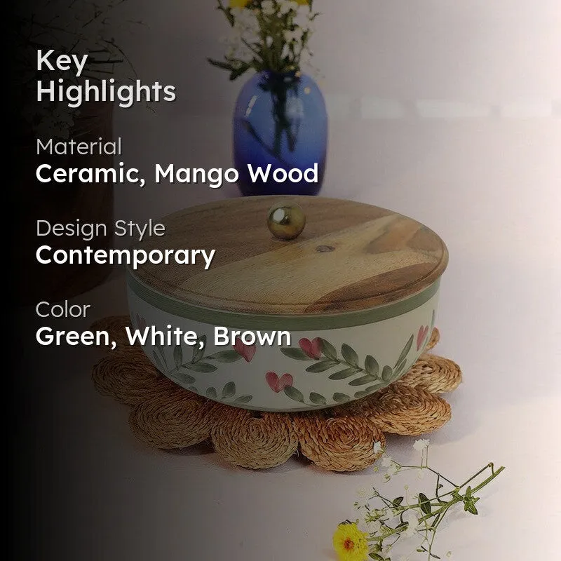 Spring Little Leafy Joy Ceramic Bowl with Mango Wood Lid - 750 mL media 2