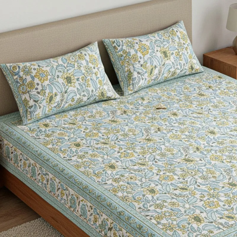 Rigavo Floral Cotton Bedsheet (Blue,Yellow) - 160 TC media 3