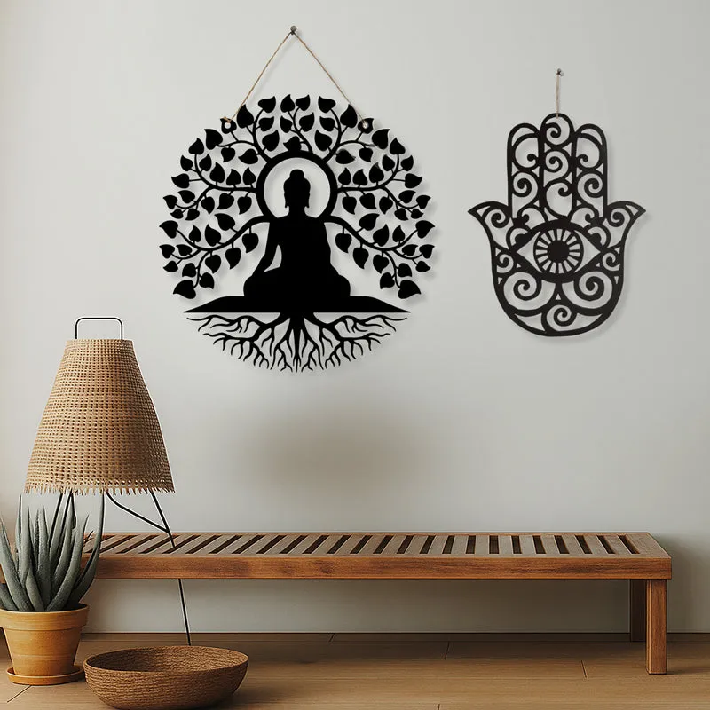 Buddha With Hamsa Hand Iron Wall Accent- Set Of Two media 1