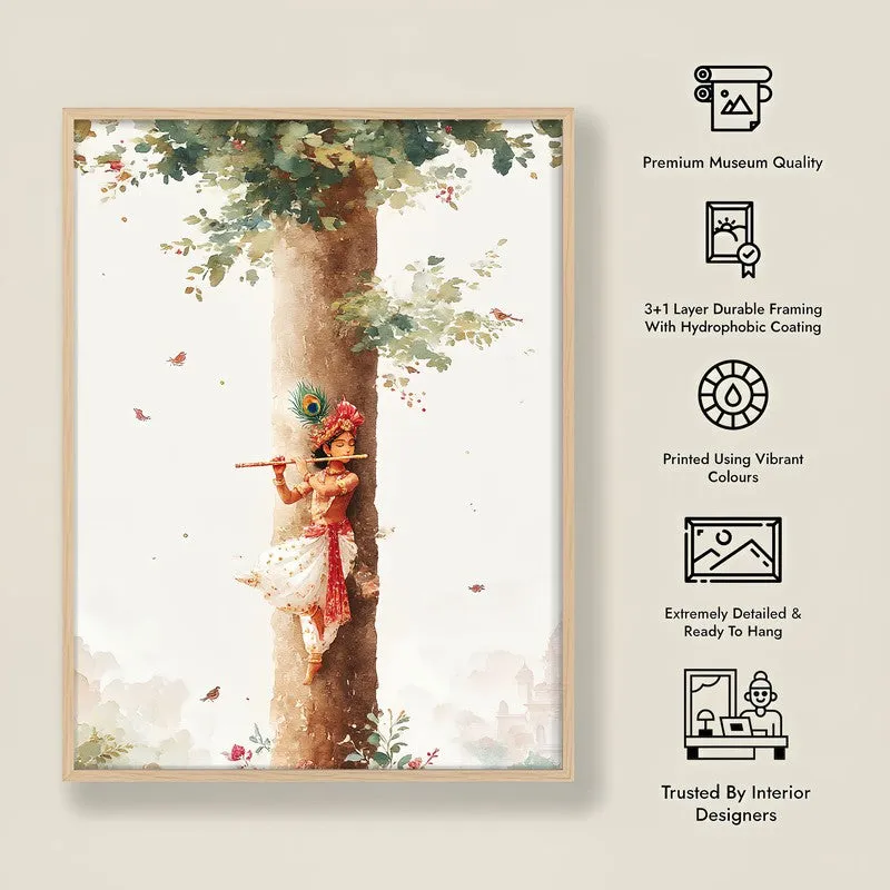 Baal Gopal Lord Krishna Blissful Archival Paper Wall Art - Natural Brown Frame media 8