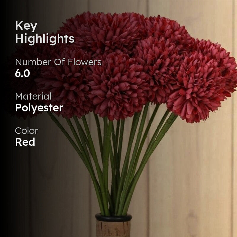 Faux Ja Dank Artificial Polyester Chrysanthemum Flower Bunch (Red) - Set Of Six media 2