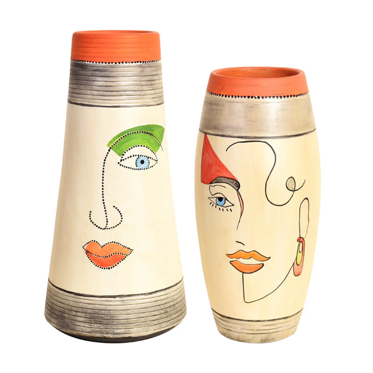 Front view of two multicolour face-design vases on a white background
