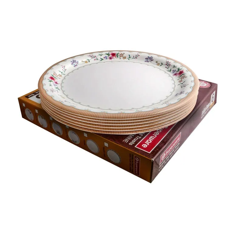 Stack of six white floral dinner plates displayed over their product box