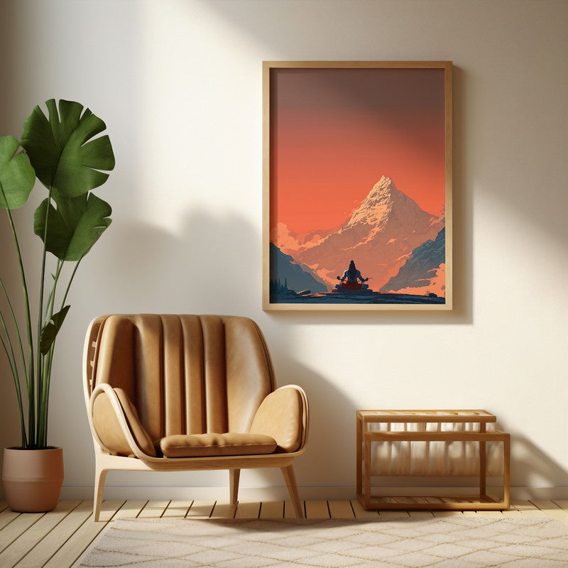 Mahadev Meditating Blissful I Wall art - Natural Brown Frame