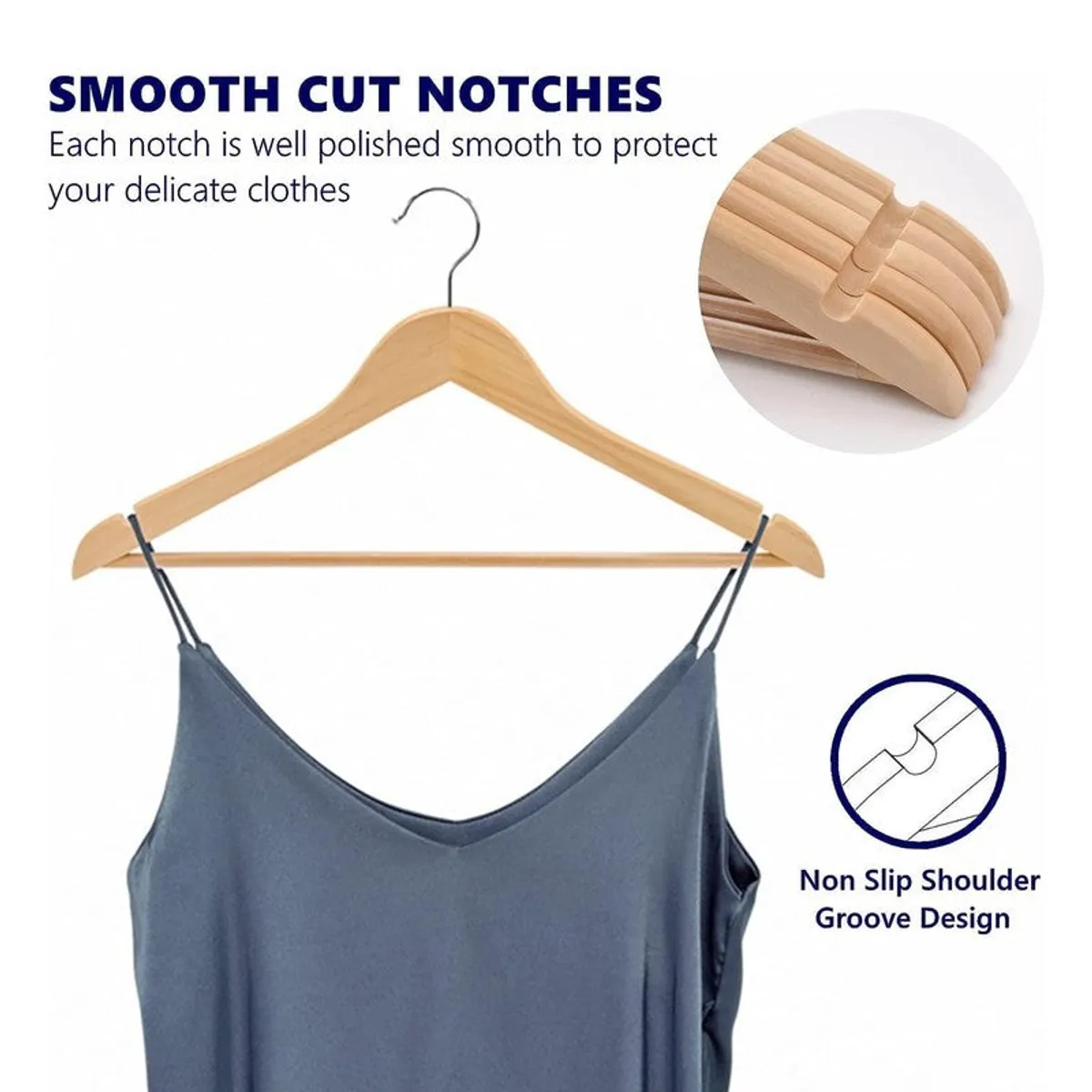 Single wooden hanger holding a camisole, showing shoulder notches