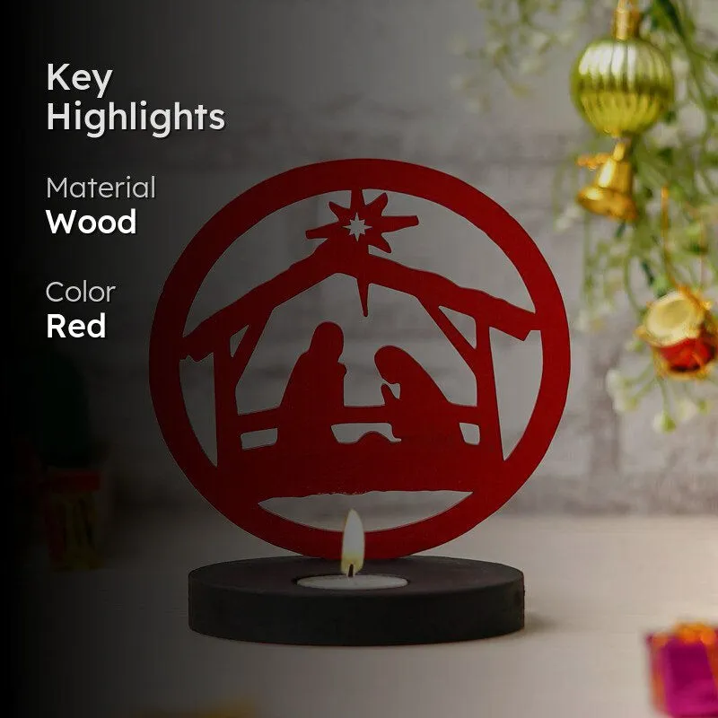 Manger Light Wood Christmas Tea Light Holder - Red media 2