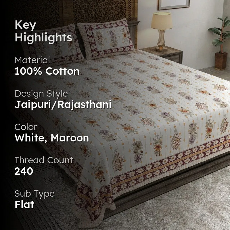 Heritagea Cotton Bedsheet (White,maroon) - 240 TC media 2