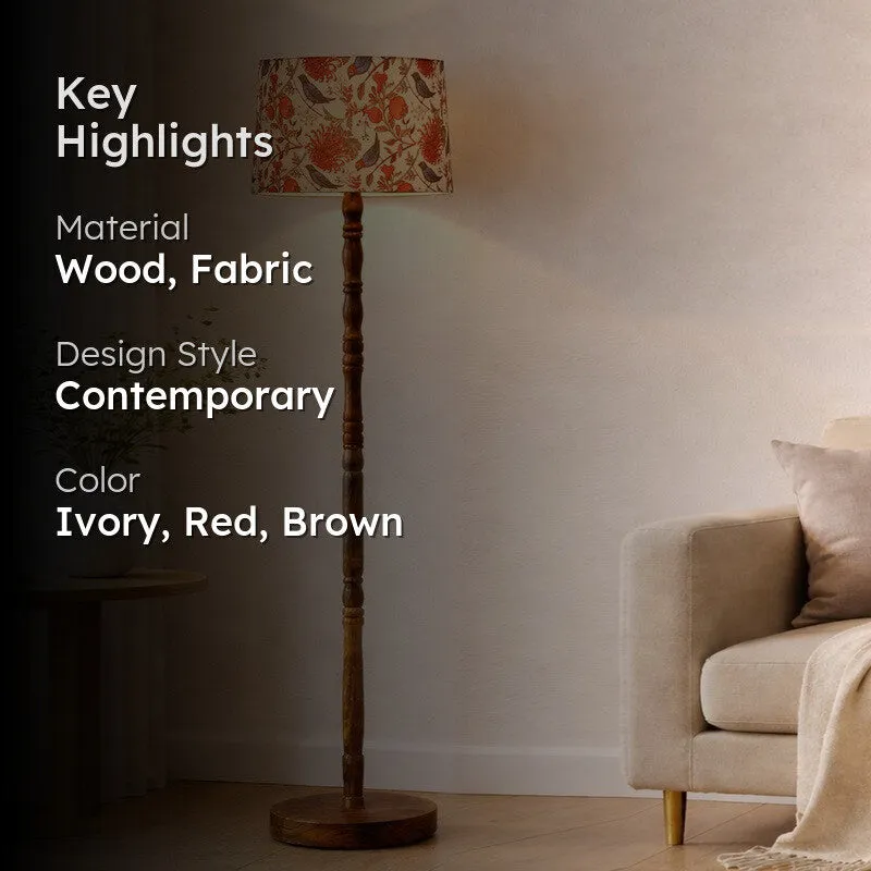 Birdsong Bloom Printed Wooden Floor Lamp - Ivory & Red media 2