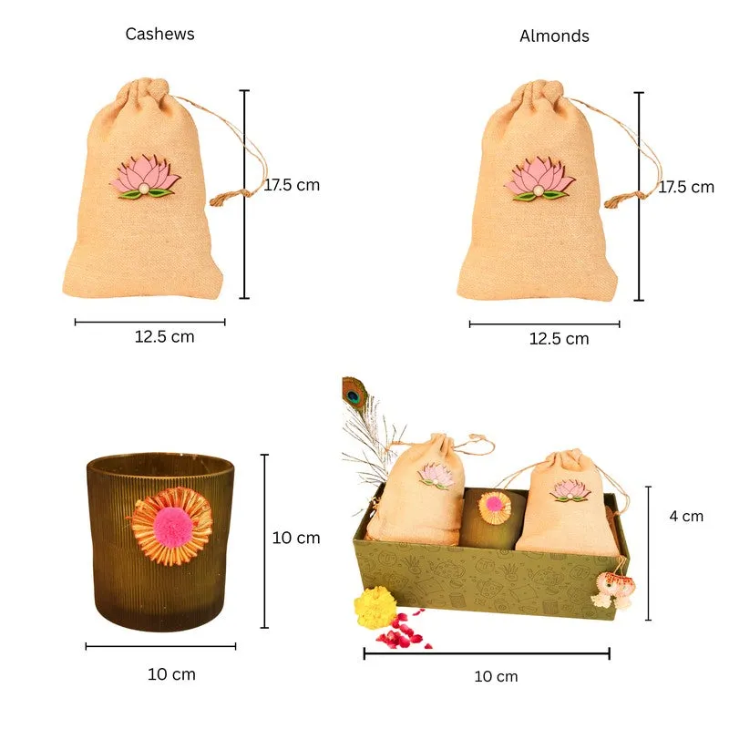 Gift set component dimensions shown for potlis, candle and box