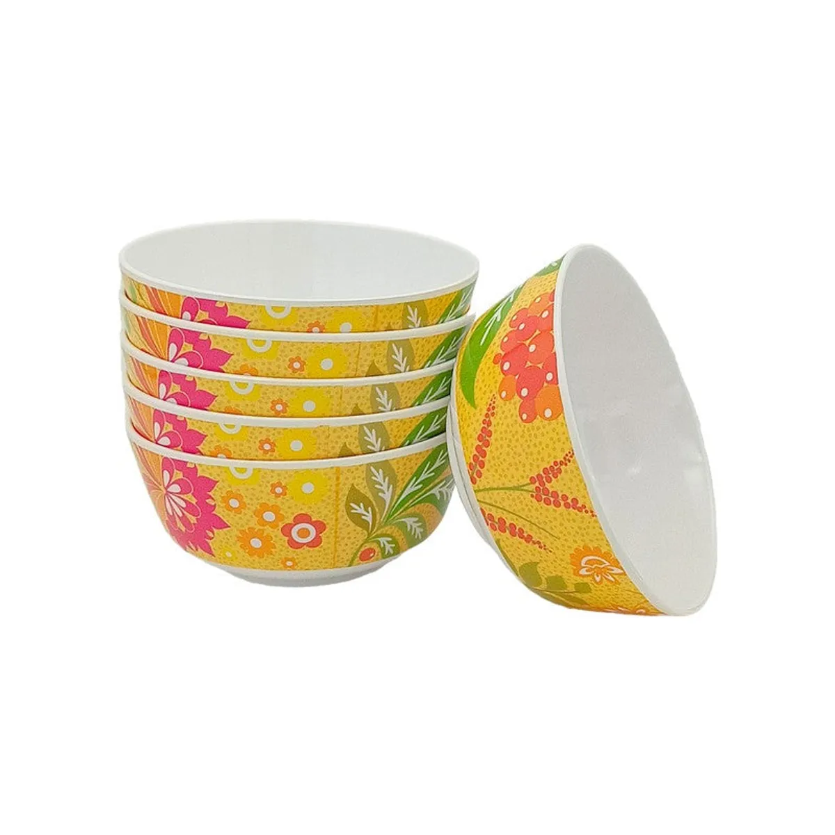 Six floral snack bowls shown stacked with one bowl tilted beside them